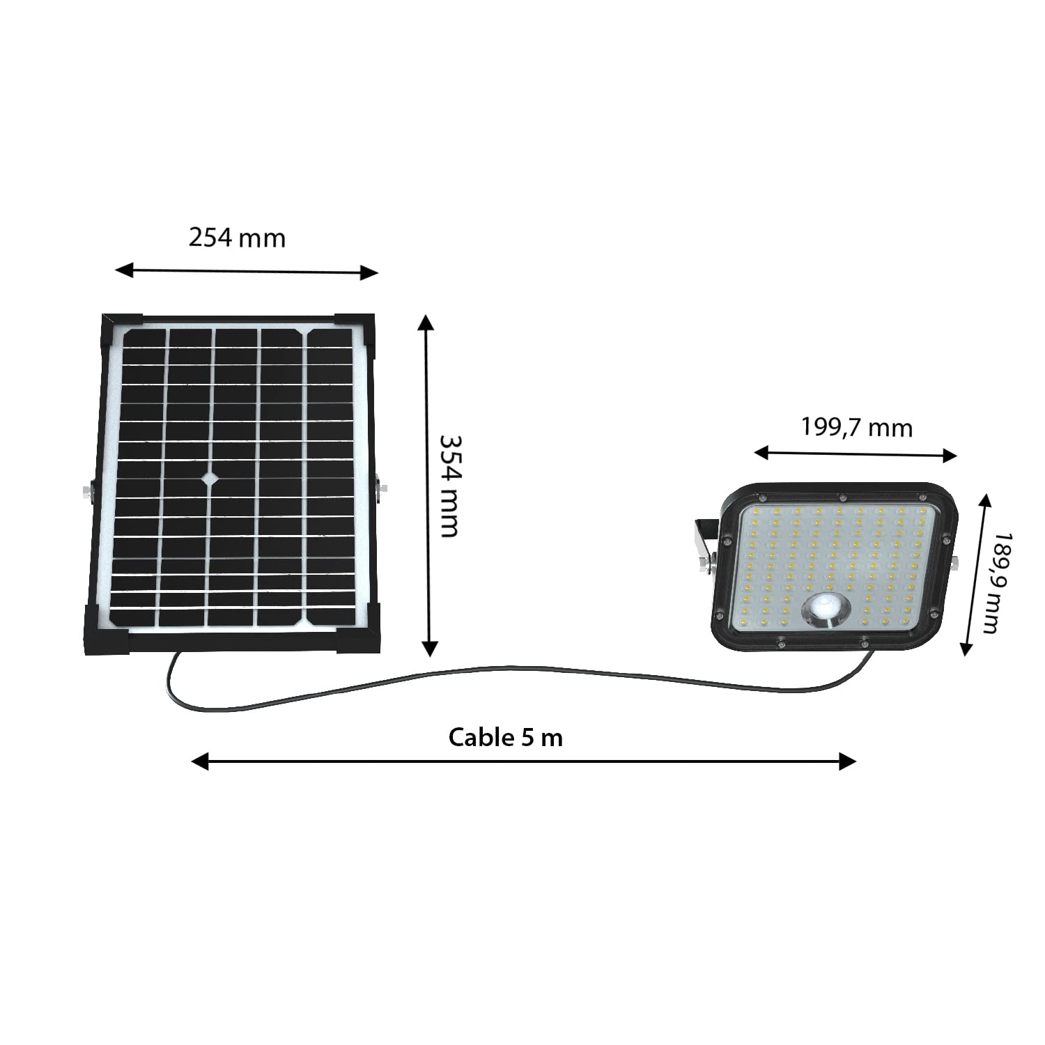 VELAMP Cube Faretto LED Solare 4800 lm – Sensore Movimento, Pannello Remoto con Cavo 5 m, IP65, Installazione su Muro/Palo, Luce Esterna per Giardino, Viale, Sicurezza