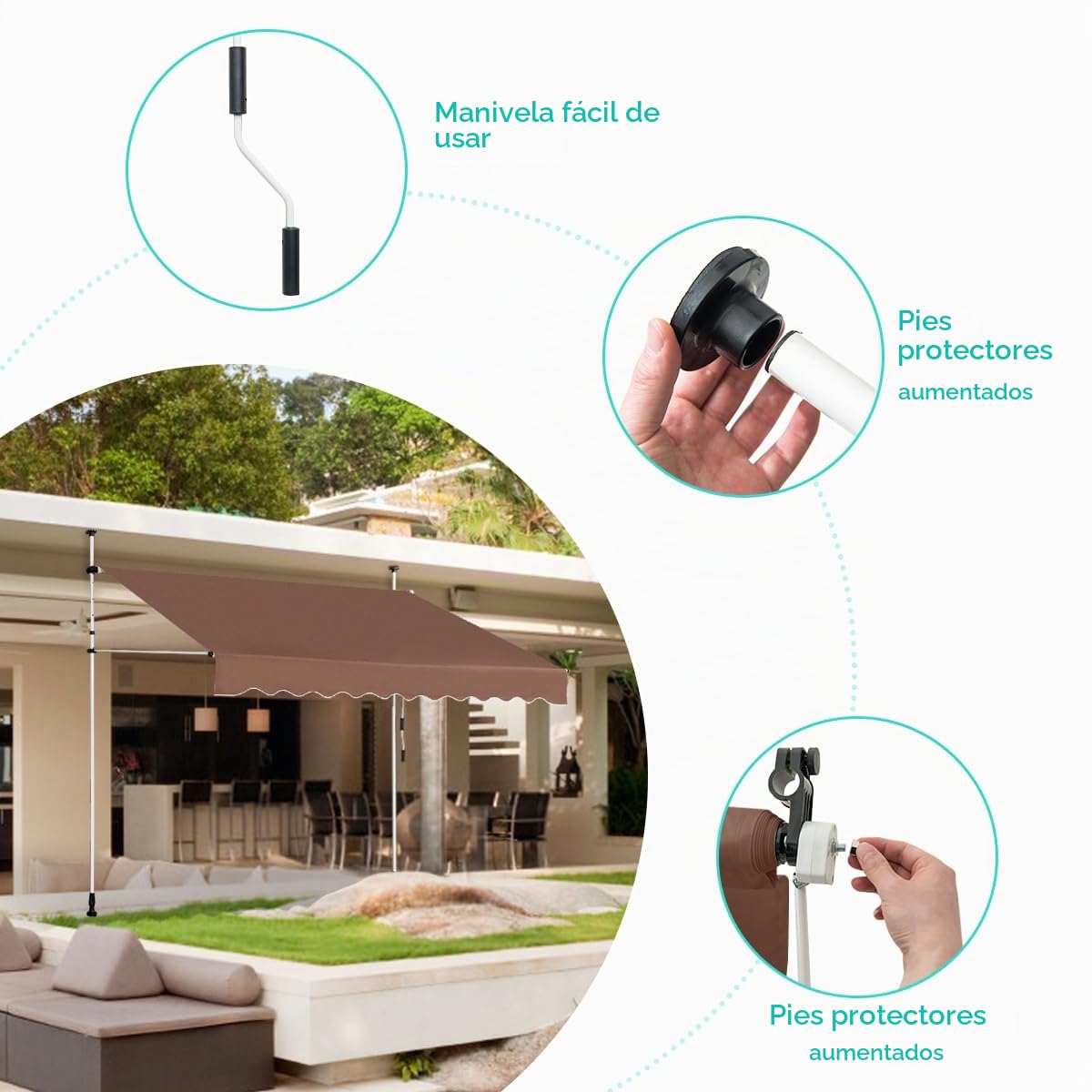 GOPLUS Toldo Retráctil Manual, Toldo Enrollable Impermeable con Manivela, Altura Ajustable 2-3M, Toldos Exterior Terraza Balcón Jardín (Marrón, 2,5 m)