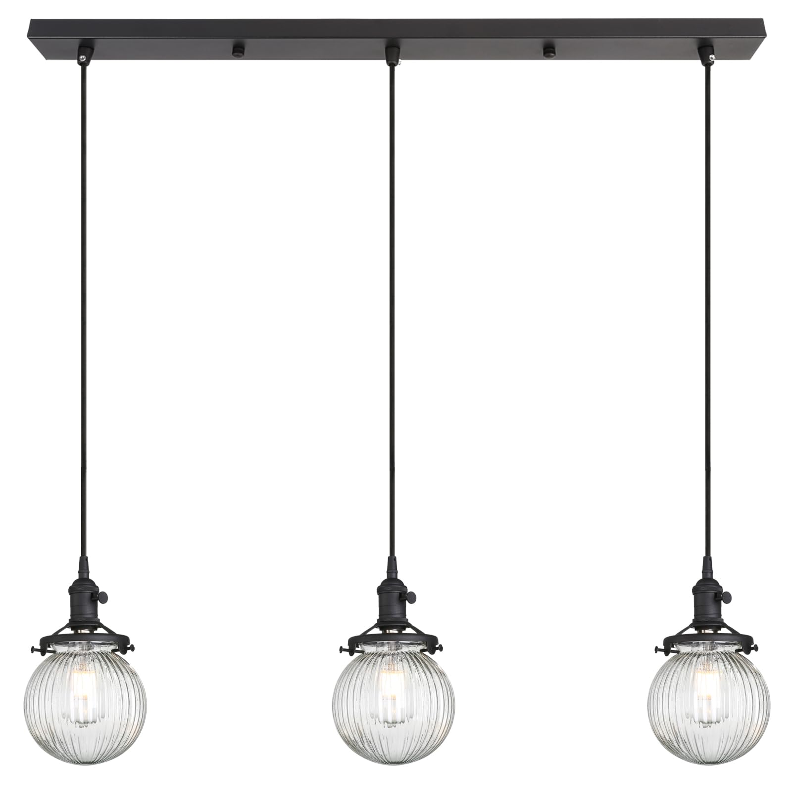Yosoan Industrial Glass 3 Pendant Lights, 3 Heads Hanging Ceiling Lights with Ribbed Lampshade for Dining Room Kitched Living Room