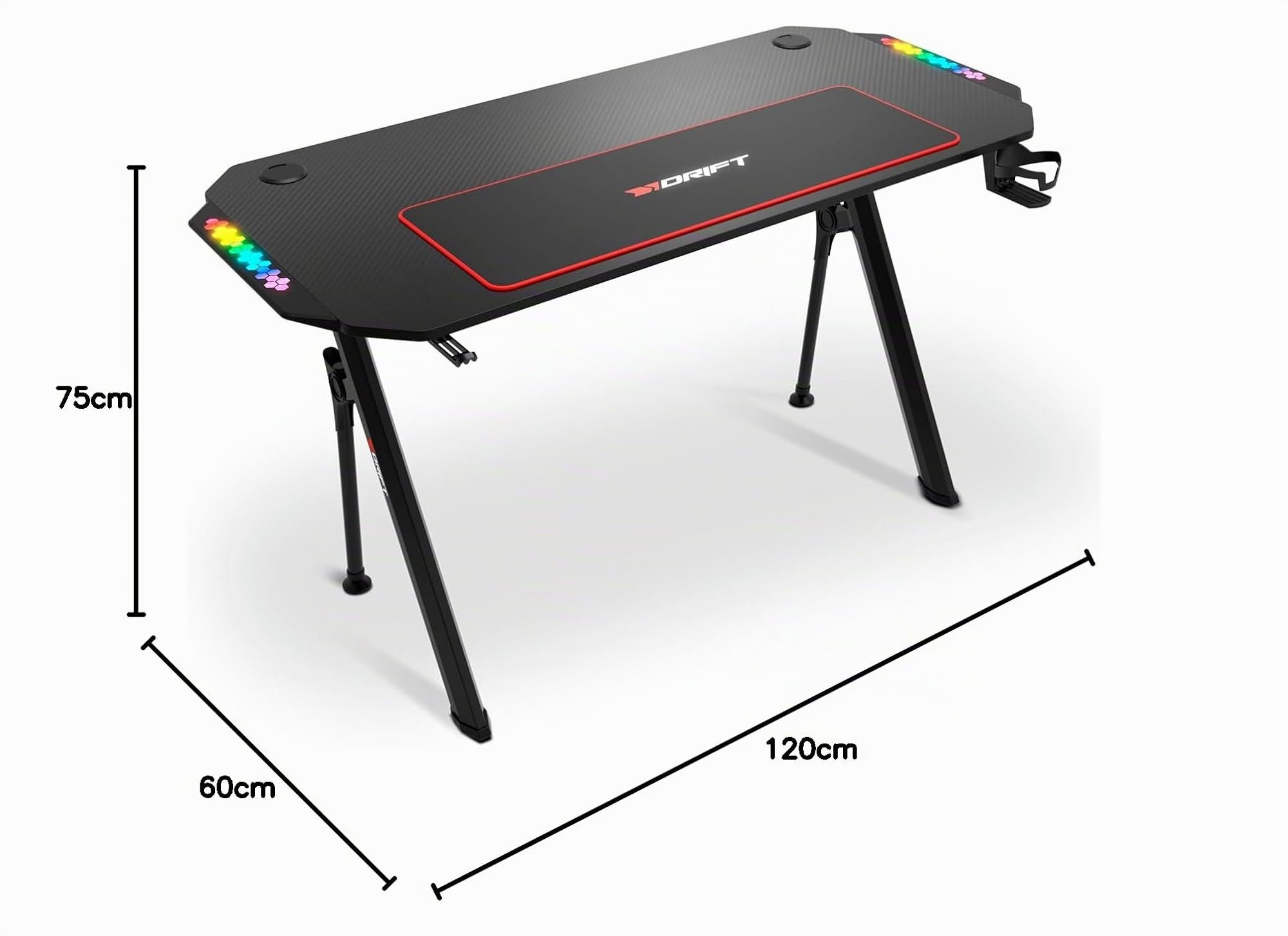 DRIFT GAMING DRDZ175RGB - Table de Jeu avec Plateau en Fibre de Carbone, Porte-Boisson et Casque, côtés RGB réactifs au Son, Tapis 80 x 30 cm, Noir
