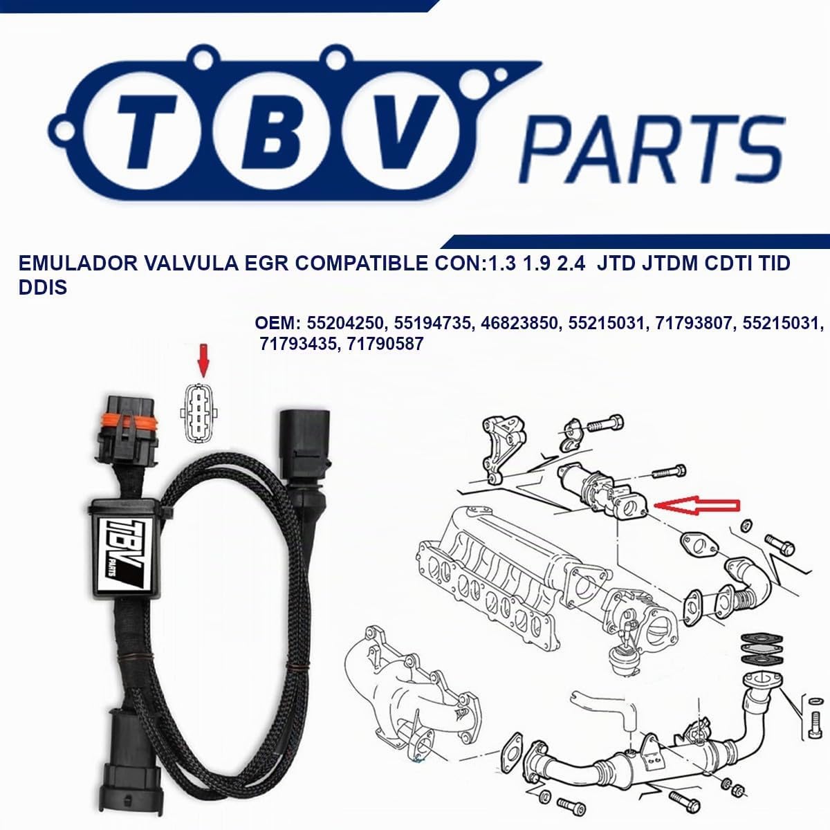Emulador Válvula EGR Compatible con Motores 1.3/1.9/2.4 JTD JTDM CDTI TID DDIS – Referencias 55186214, 55194734, 55205455, 55215032, 1477144