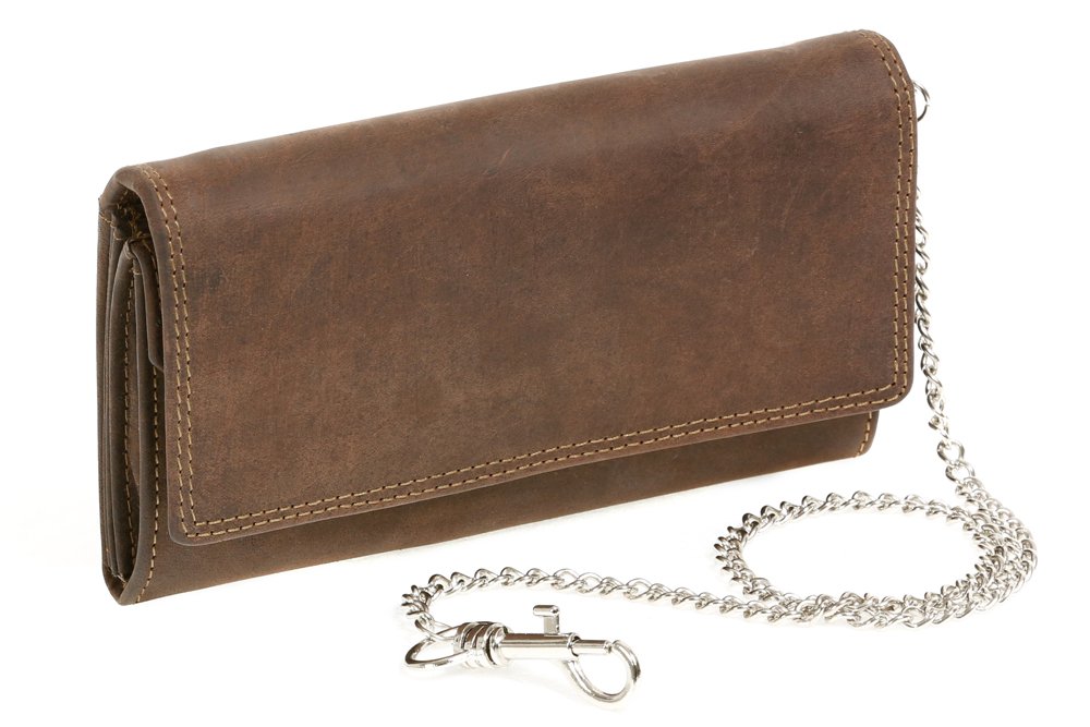 LEASMCL Mens and Ladies Wallet with Chrome Chain Biker Wallet Vintage-Style, Genuine Leather, Brown - ''LEAS Chain-Series''