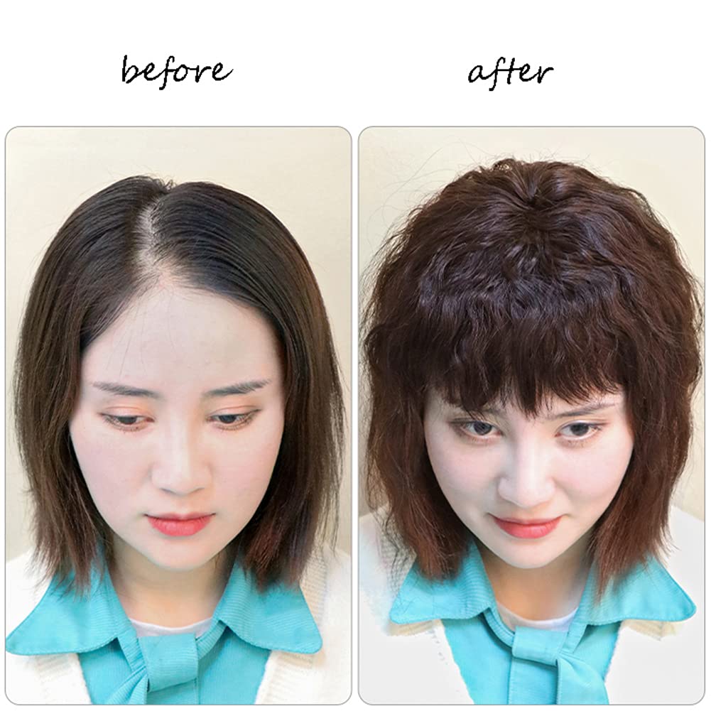 YYDS Fluffy Messy Human Hair Topper Wig with bangs Increase the amount of hair on the top of the head to cover the white hair Hairpiece (14x15 15CM Dark Brown)