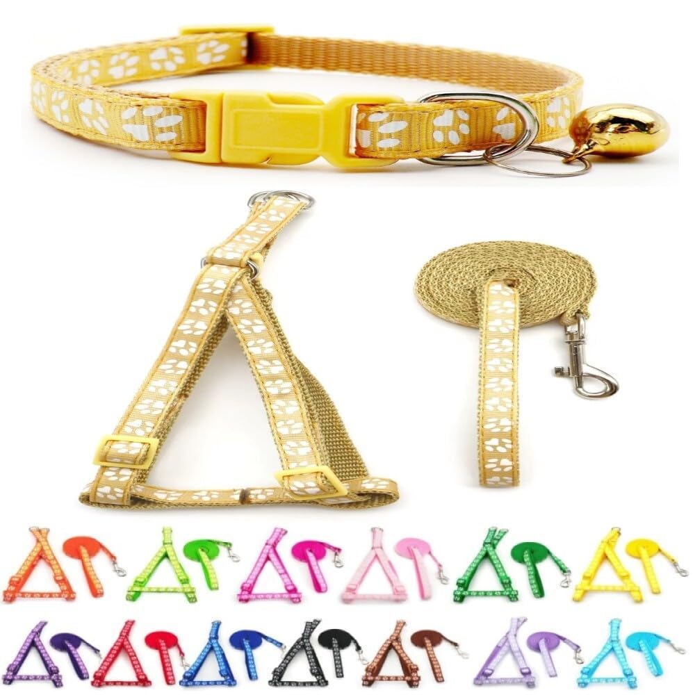 Small Dog Puppy Pet Collar Harness and Lead 3 Piece Set Pawprint Design Nylon Adjustable Neck Size 19-32cm and Chest Size 21-34cm with 120cm Leash Light Brown Khaki Beige