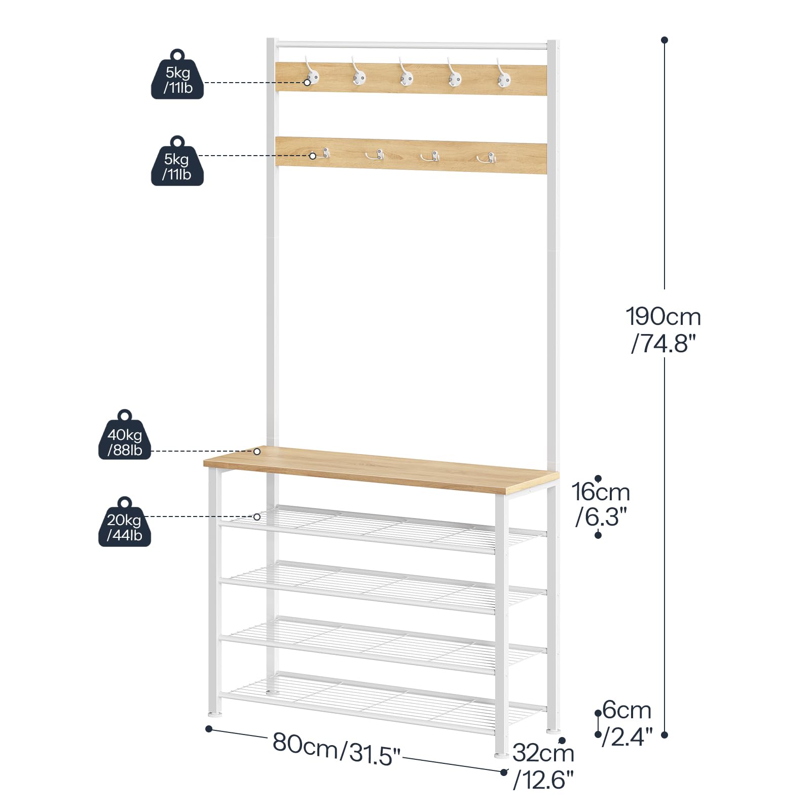 HOOBRO Stand Appendiabiti, Attaccapanni con Scarpiera, Portabiti da Terra con Scarpiera a 5 Livelli, Bianco e Naturale EWN80MT01