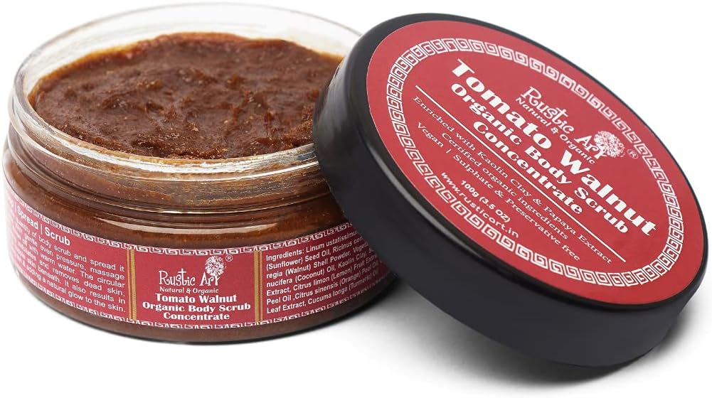 Rustic Art Tomato Walnut Body Scrub Concentrate | Foaming Exfoliant with Walnut Shell & Fruit Extracts | Sulphate and Paraben Free | Smooth, Radiant Skin | 100 g