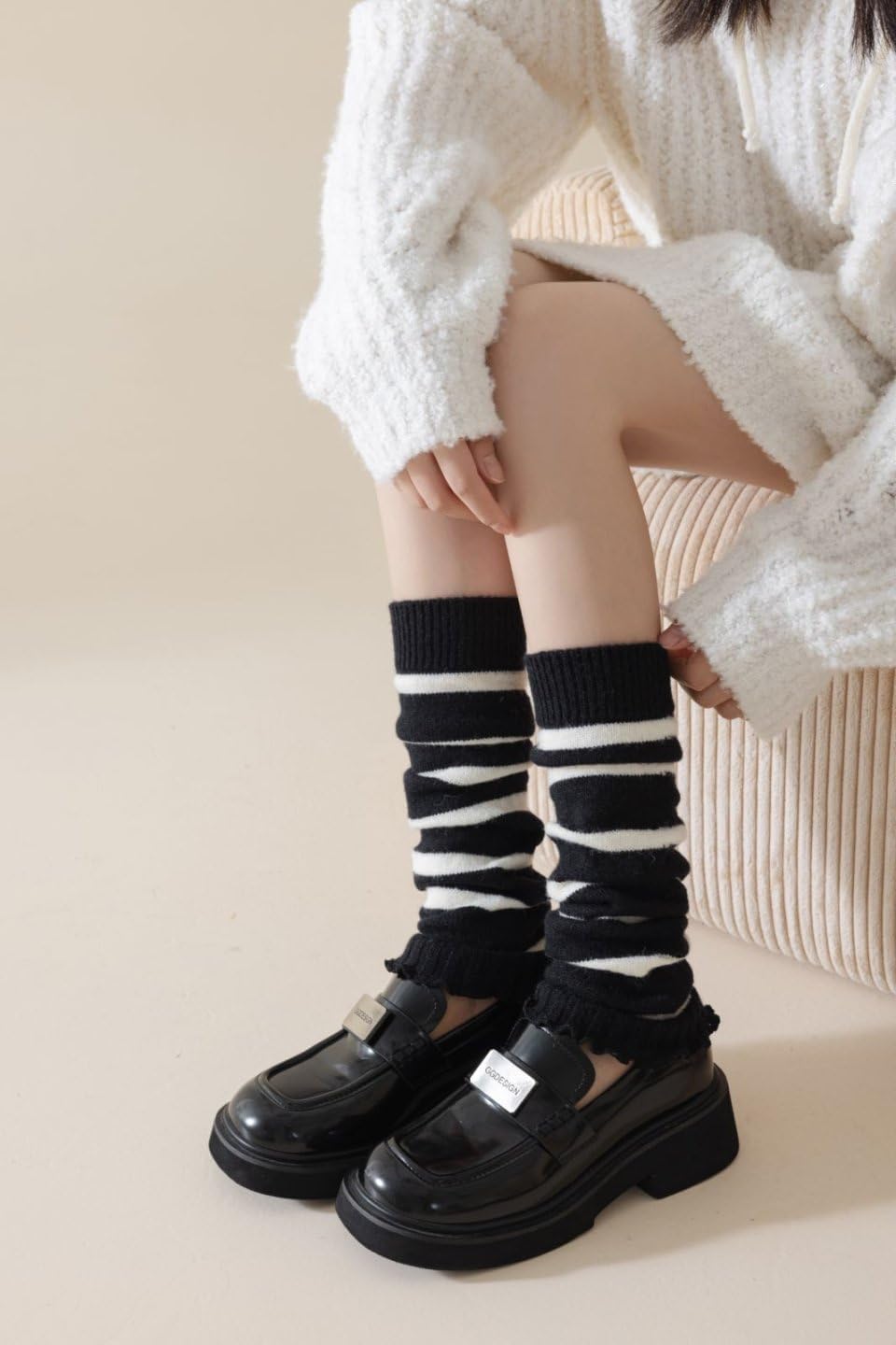 HYTENSUN Cable Knit Striped Leg Warmers Y2K for Girls & Women Vintage Ruffle Hem Winter Fashion Accessory Layered Outfits - Image 6