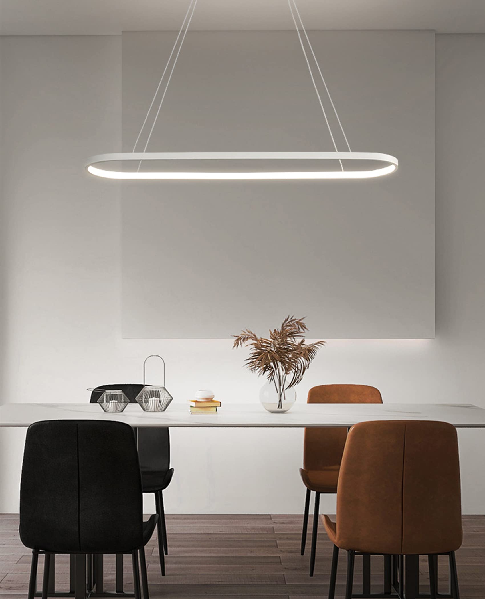 Büro Ovale LED Pendelleuchte Höhenverstellbar Esstisch Küche Hängeleuchte Dimmbar mit Fernbedienung Weiß Schwarz Gold 90/120 cm (Weiß, 90CM/35.4)