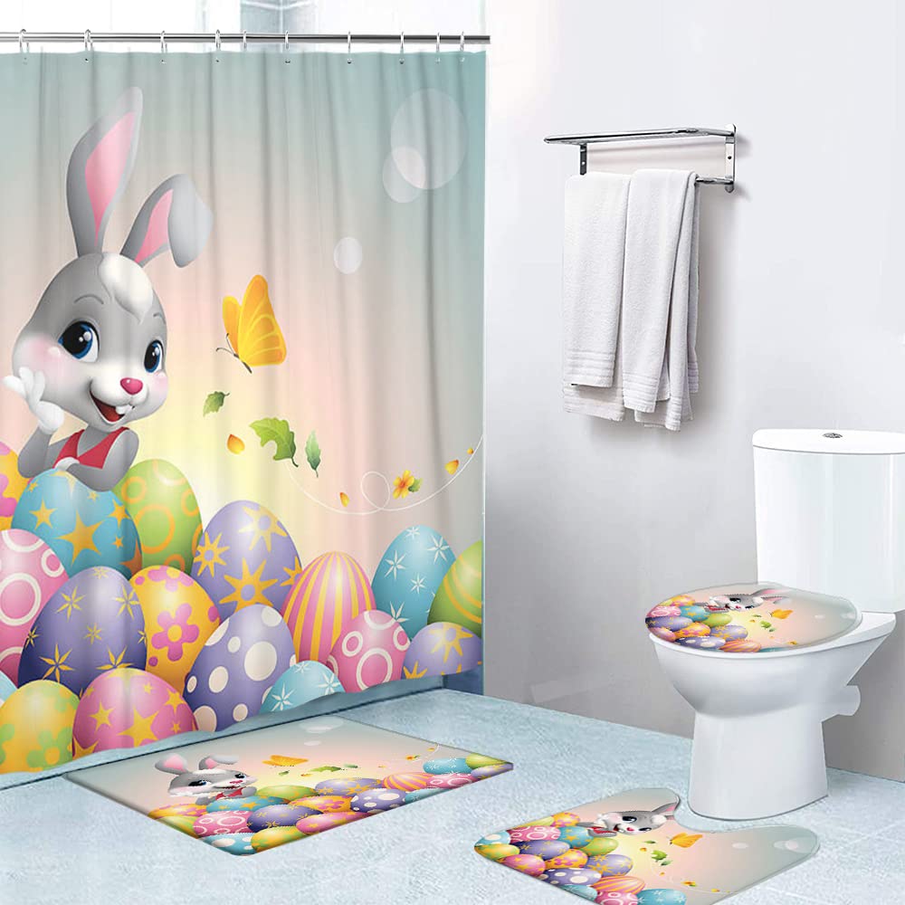 LOKMU 4 Pcs Shower Curtain Sets with Non-Slip Rugs, Toilet Lid Cover and Bath Mat,Cartoon Happy Easter Bunny Egg Waterproof Shower Curtain with 12
