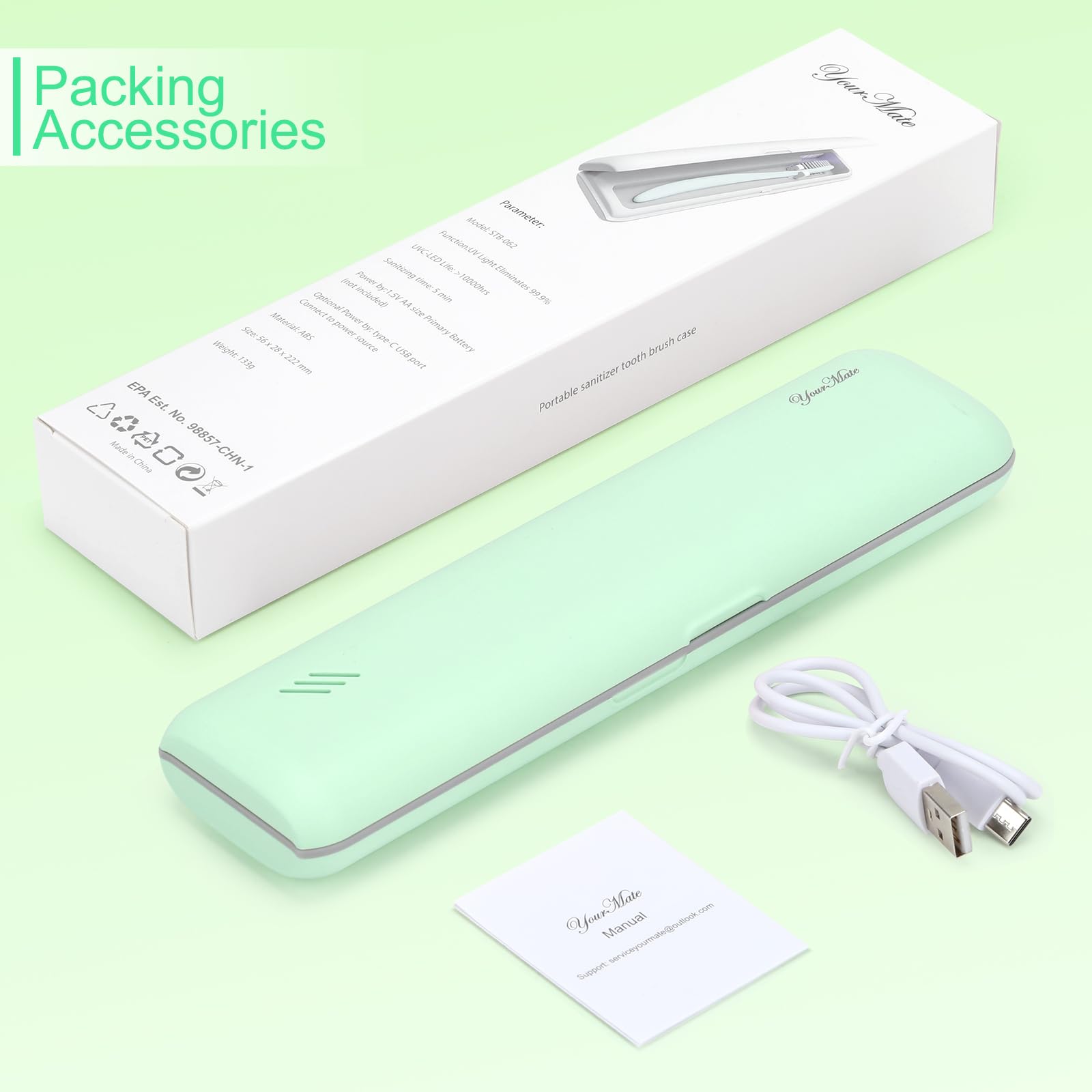 YourMate Funda desinfectante UVC para cepillo de dientes de viaje, funda para viaje de negocios o viaje de negocios, alimentación por batería AA o cable USB-C, color verde