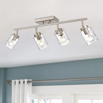 4-Light Tracking Lights Brushed Nickel Rotatable Flush Mount Ceiling Light with Clear Hammered Shade, Modern Bathroom Ceiling Vanity Lights Flexibly Light for Foyer Art Wall Kitchen Hallway