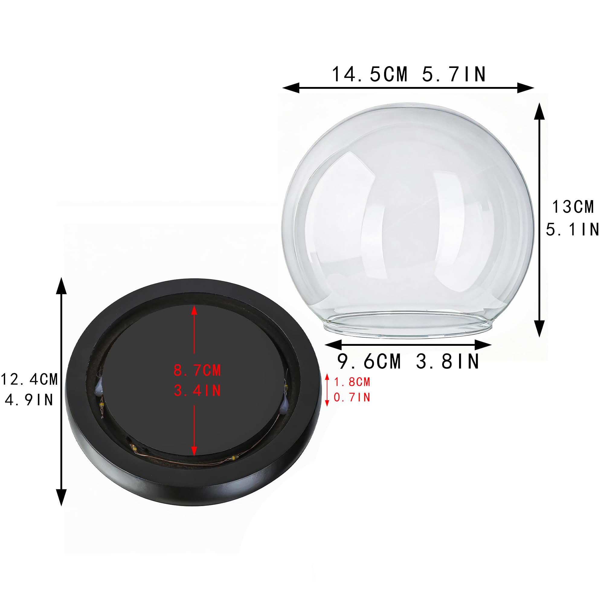 Campana de cristal redonda de 6 pulgadas con base de luces LED negras, tarro de campana de vidrio decorativo para plantas, recuerdos coleccionables