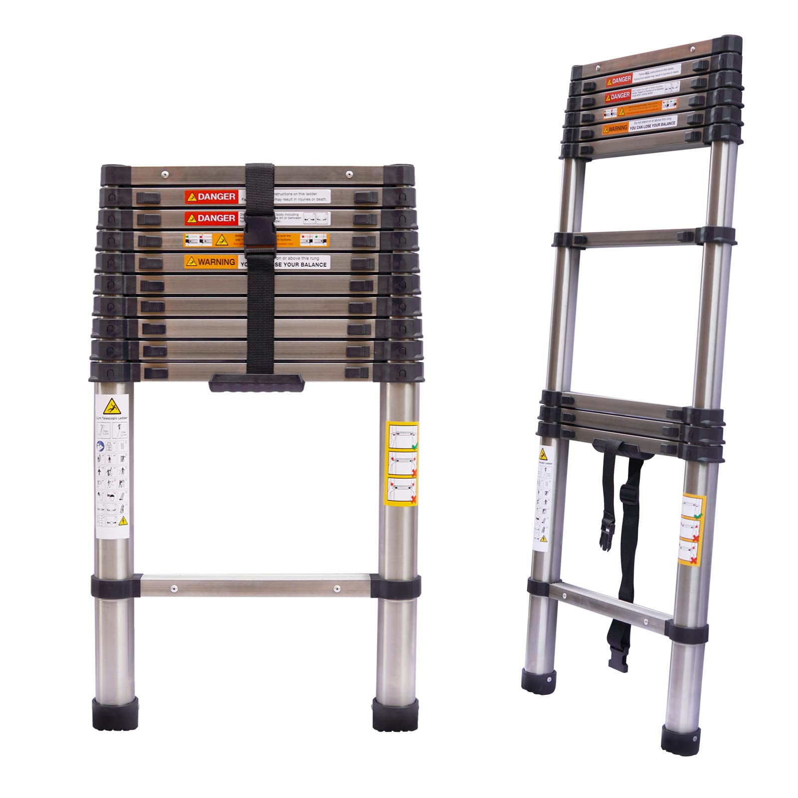 Extension Ladder 10.5ft 3.2M Stainless Steel Telescoping Ladder Home Attic Roof DIY Ladder, 330lbs Max Load, Portable Folding Ladder EN131 Certificated, Adjustable Height Compact Ladder