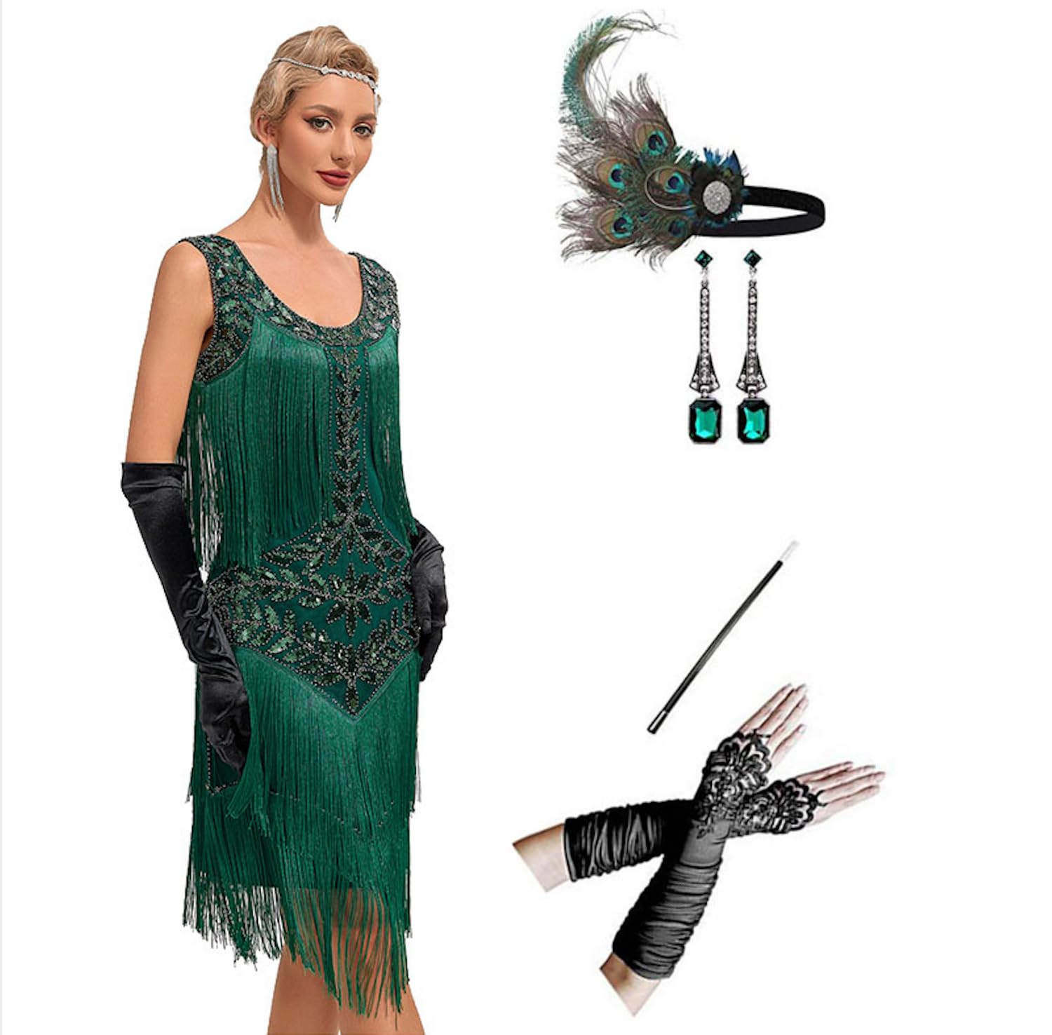 MIMIKRY 20er Jahre Flapper Damen Kostüm Grün Fransen-Kleid mit Pailletten und 4-tlg. Pfau Zubehör-Set