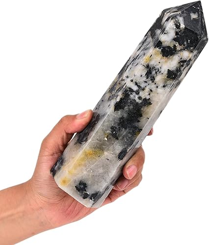 Miniatura 3 de JIC Gem Varita de torre de obelisco de cristal de turmalina en blanco y negro, punto de torre de cristal de cuarzo grande, 6 facetas de cristal