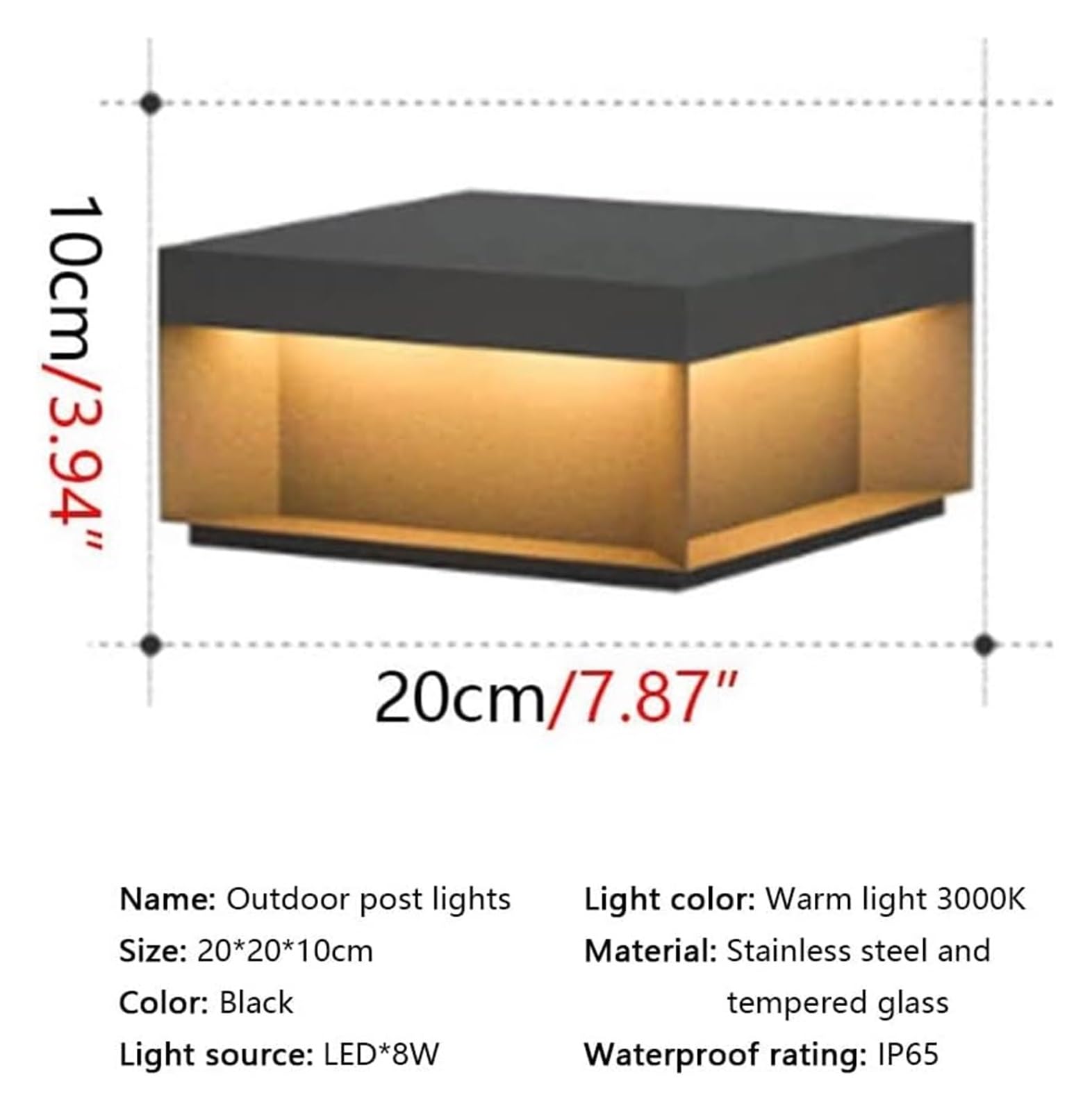 Luces de poste al aire libre - Lámparas de pilar de columna cuadrada Lámparas de mesa de poste de patio negro moderno Linterna de cubierta de puerta de acero inoxidable impermeable al aire libre(20cm)