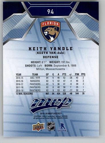 Miniatura 2 de 2019-20 UD MVP Hockey BLUE #94 Keith Yandle Florida Panthers Limited Edition Only Found in Factory Set Official Upper Deck NHL Trading Card