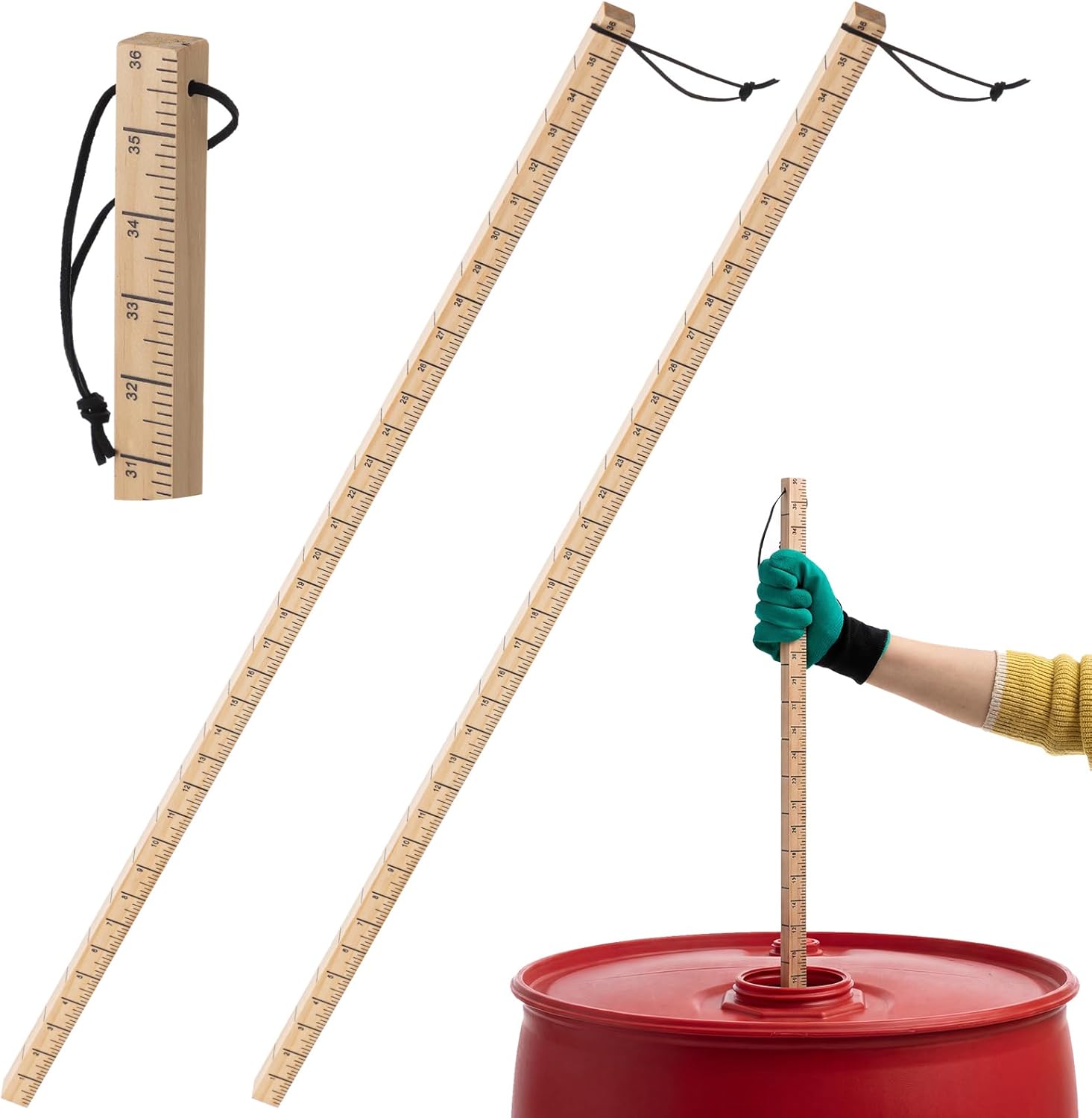 Sabary 2 Pcs 36'' Fuel Tank Measuring Stick with Leather Strap for 55 Gallon Pine Wood Oil Level Indicator Stick 1" Stamped, Easy to Read Measuring Gauge for Monitoring Diesel Gasoline Liquids