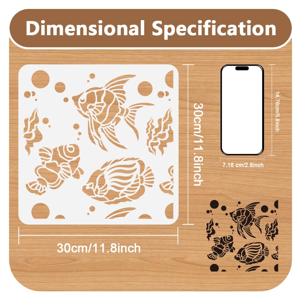 DOODLREAM Coral Fish Ocean Animal Stencil for Painting 30 x 30cm Reusable Plastic Fish Sea Animal Stencils for Painting on Wood Wall Fabric Furniture DIY Home Decor Craft Stencil - Image 2