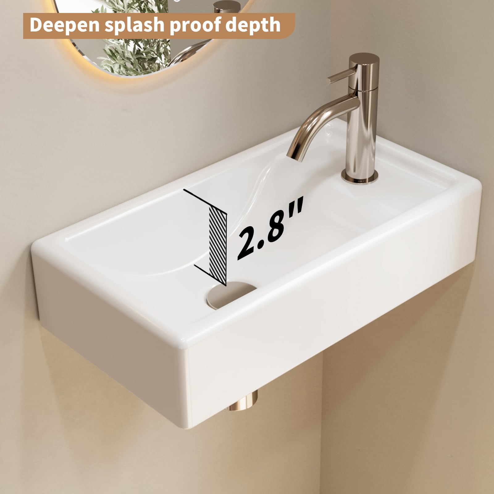 Fregadero rectangular flotante de porcelana de cerámica blanca de 40,6 x 22,8 cm, para montaje en pared, para mano derecha