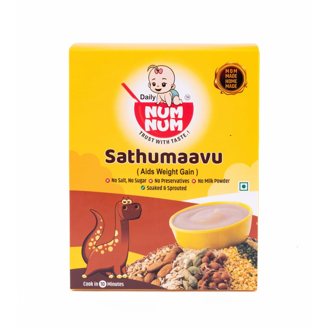 daily NUM NUM - Organic Sathumaavu | No Salt, No Sugar Multigrain Sattu Cereals | Sprouted Healthy Baby food cereal with Ragi, lentils, Almonds & Millets | No Milk Powder | 200g pack