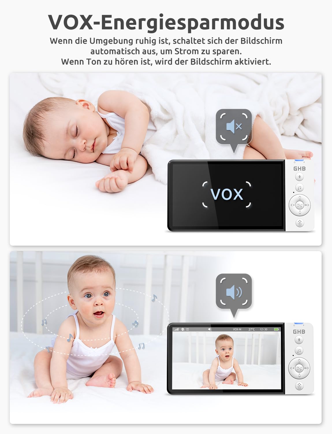 GHB Babyphone mit Kamera 5 Zoll IPS-Display 350° Rotation 5000 mAh VOX 4-Fach-Zoom Nachtsicht Raumtemperatur-Anzeige Zwei-Wege-Audio 720