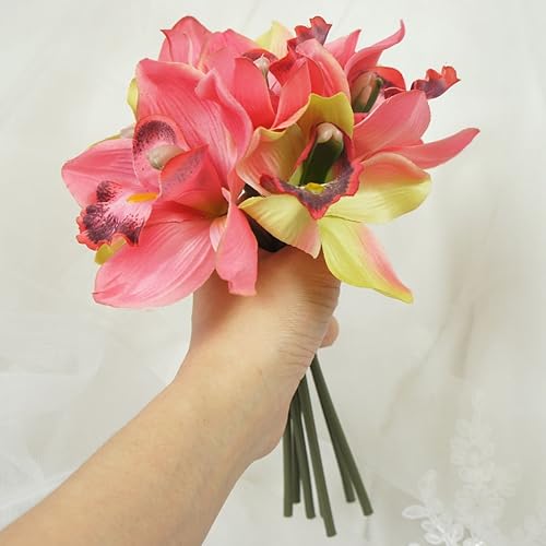 Miniatura 7 de Lily Garden Mini 7 tallos Cymbidium Orchid Bundle Flores artificiales (blanco)