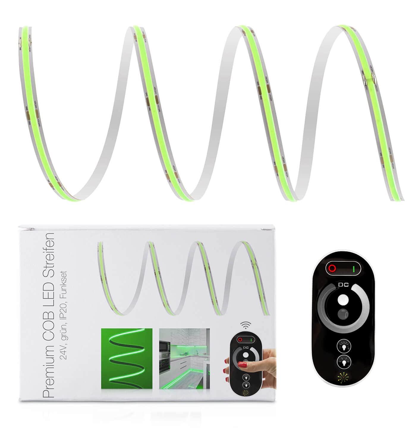 LED Universum Juego de tiras LED COB verde con mando a distancia, controlador y fuente de alimentación, filamento prémium, 24 V, IP20, monocolor (1 metro)