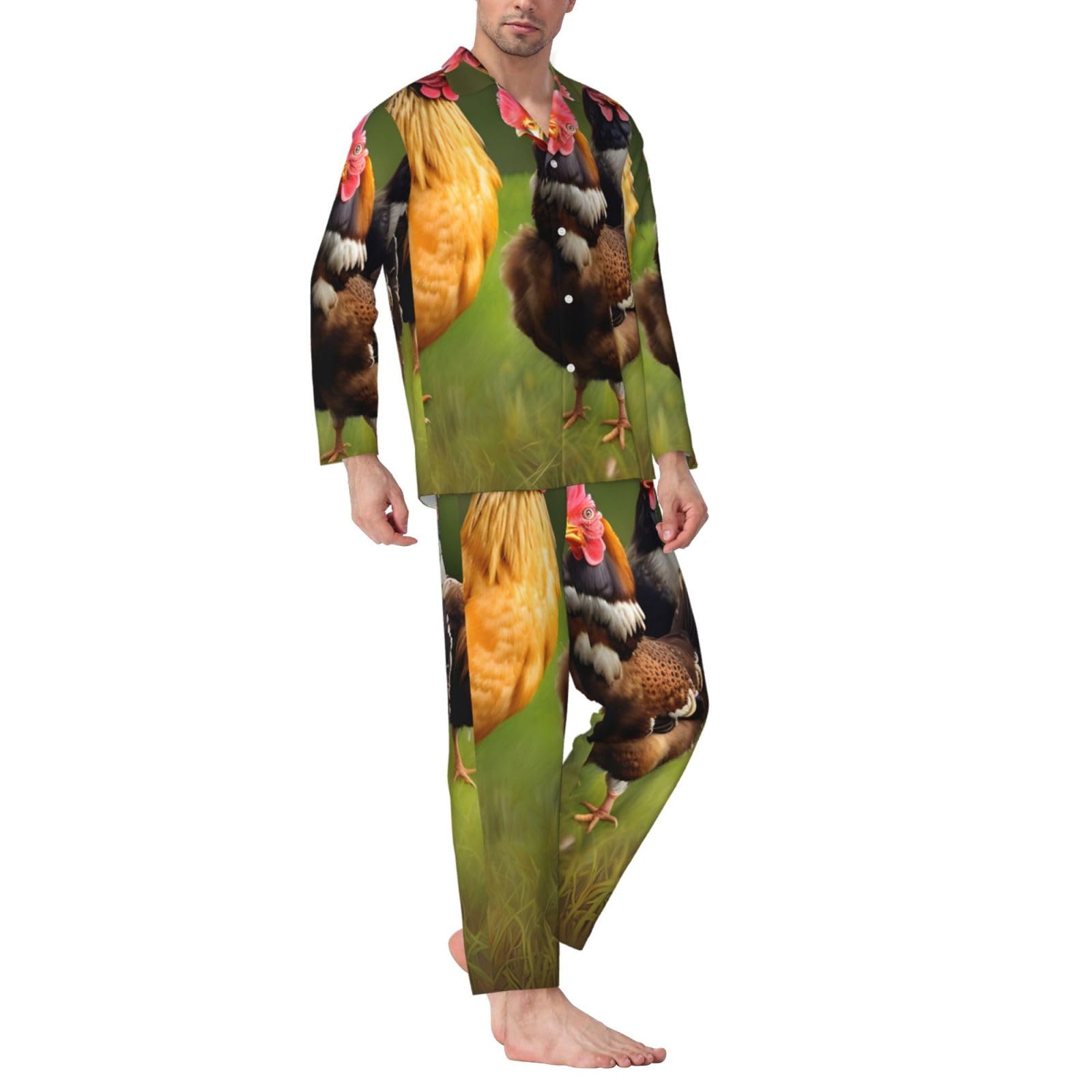 Herren-Pyjama-Set, langärmelig, Hahnmuster, zweiteilig, Hauskleidung, bequeme Nachtwäsche