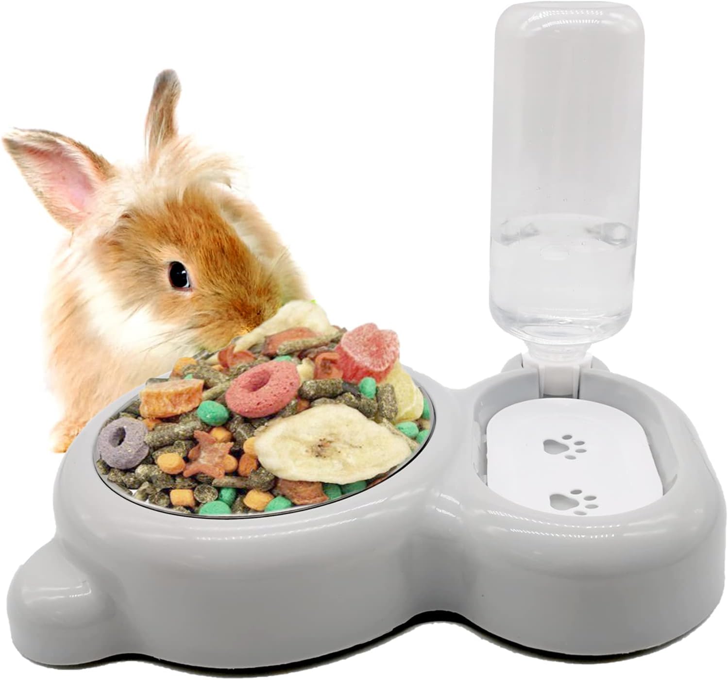 Tfwadmx Pet Double Dishes Rabbit Food Water Dispenser Set Cat Self Filling Bowls No Spill Dog Automatic Waterer Bottle Anti Gravity Feeder Cute Detachable Stainless Steel Bowl for Kitten Puppy Bunny