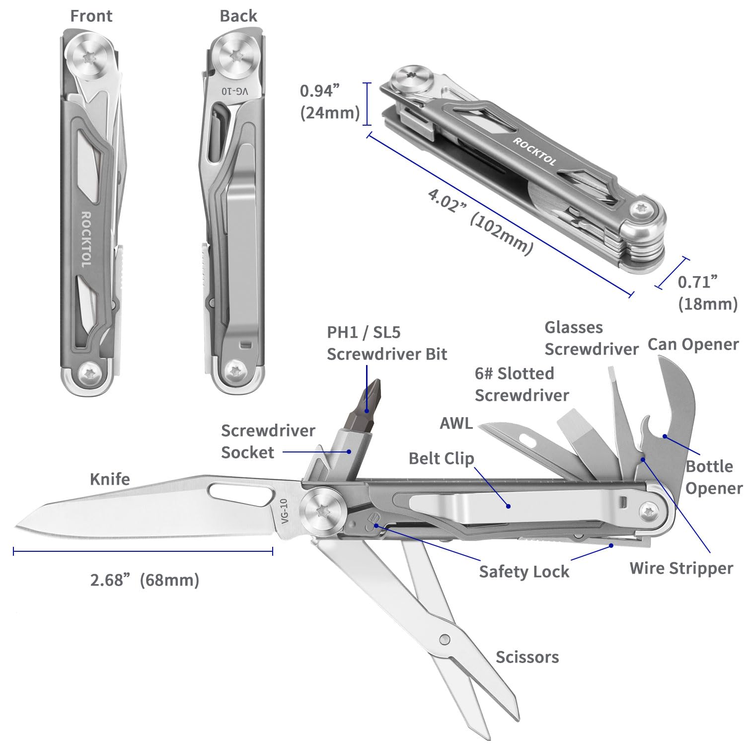 ROCKTOL Pocket Multitool ST02, VG-10 Klinge, 12-in-1, titanbeschichteter Griff, Taschenclip, große Schere, Multifunktionswerkzeug für Camping, Wandern, Survival, EDC-Gadget für Männer