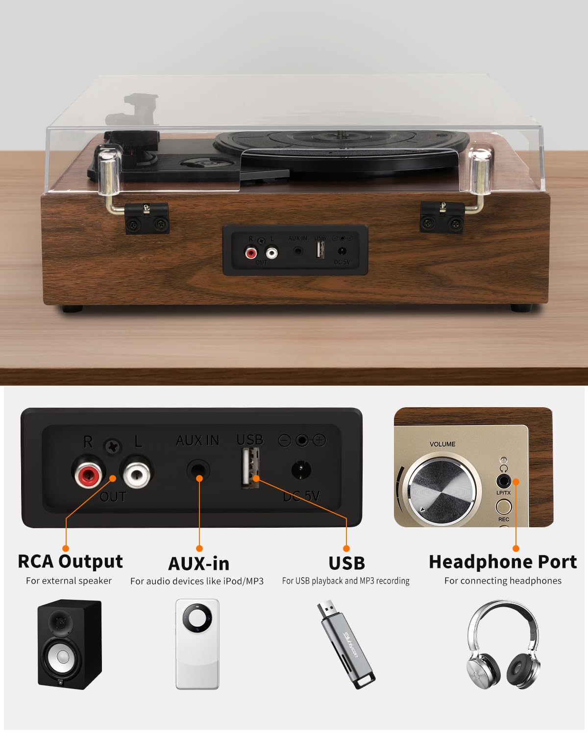 VIFLYKOO Platine Vinyle Bluetooth 5.4, Tourne-Disque avec Haut-Parleurs Stéréo Intégrés, 3 Vitesses (33/45/78 Tours/Min), Lecteur Vinyle Compatible avec RCA, USB et Entrée/Sortie AUX, Marron