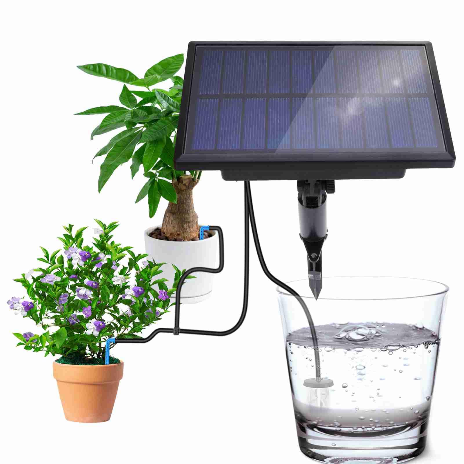 di Irrigazione Solare Completo per 10 Piante in Vaso Kit di Irrigazione a Goccia a Grande Portata per TerrazzaOrto (Nera)