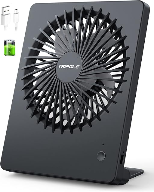 TriPole USB Desk Fan, 2000mAh Portable USB Fan 3 Speeds Rechargeable Mini Fan Battery Fan Last 4-16hrs, 180°Adjustable Table Cooling Fan 30dB Silent Fan for Bedroom, Office, Library, Travel-(Black)