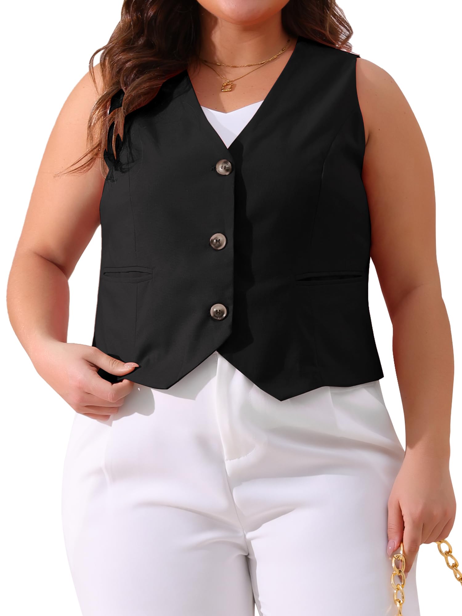 Agnes Orinda Plus Size Linen Vest for Women Lined Button Down Sleeveless Blazer Suit Vest Shirt Crop Top