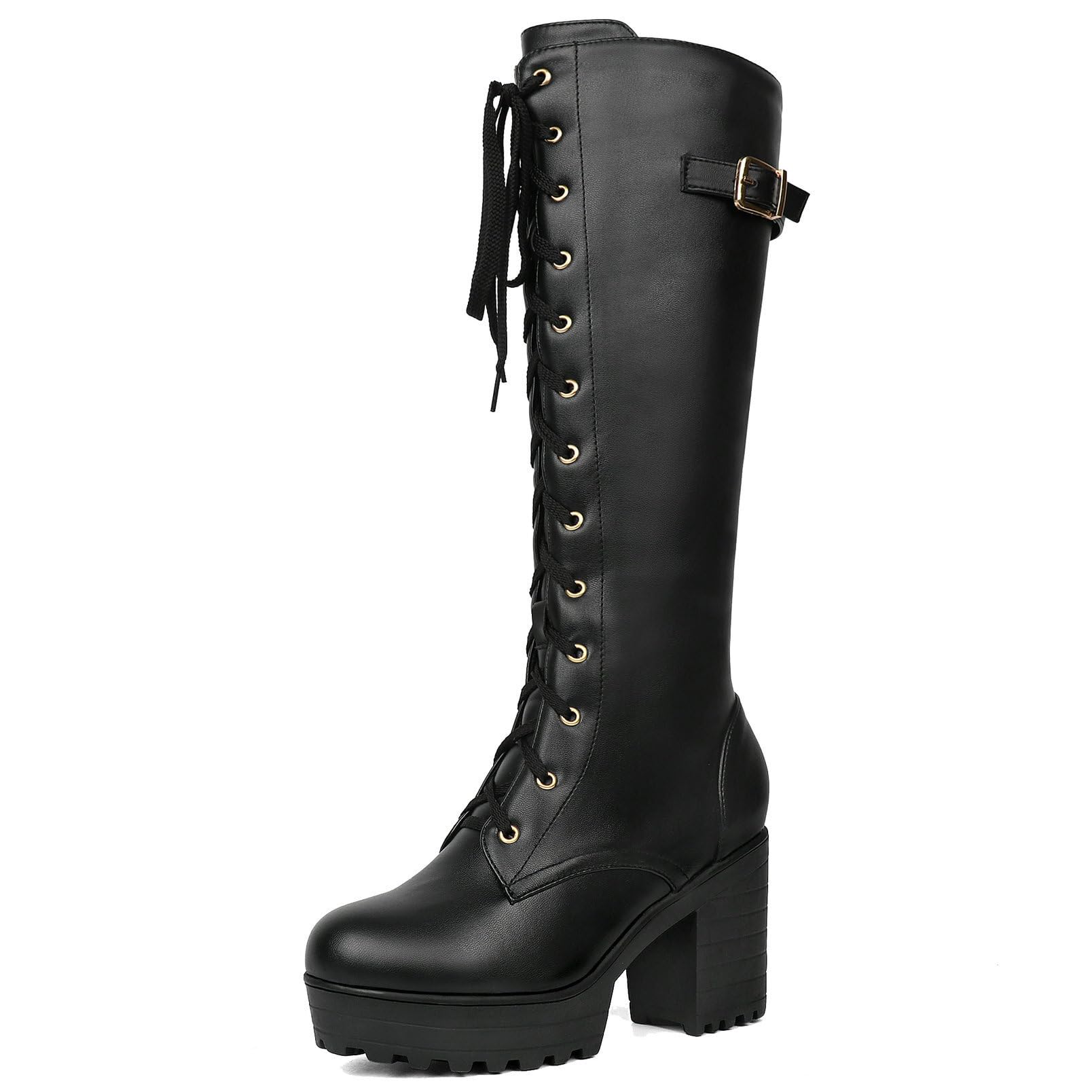 Trendenzy Womens Goth Knee High Platform Lace Up Chunky High Heel Riding Boots