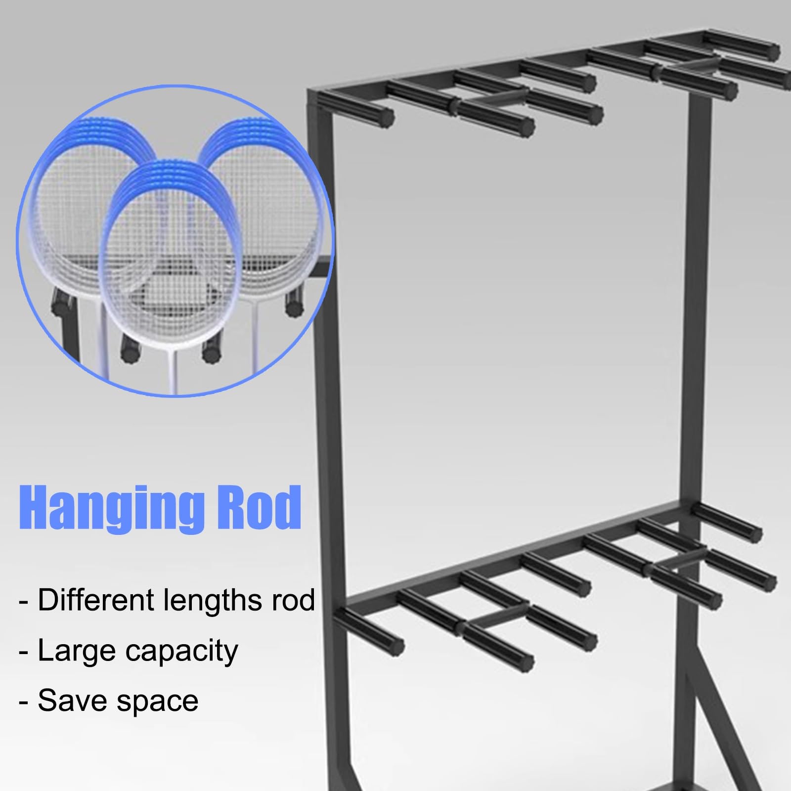 Grand présentoir pour 50 raquettes de badminton/tennis suspendues, organisateur de raquettes d'équipement de sport commercial avec étagère de rangement, utilisation en studio de gym, garage, club