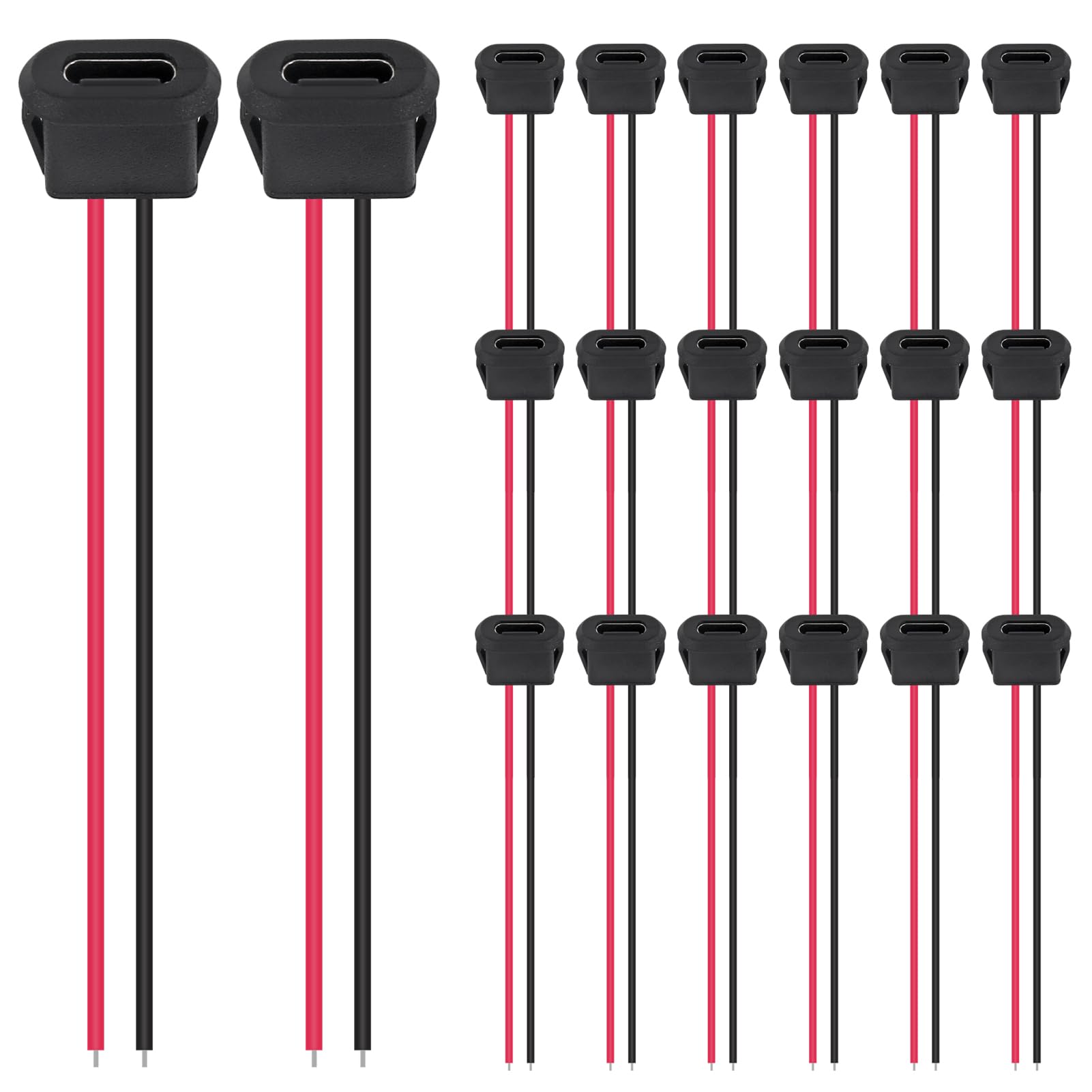 Coliao 20pcs Type-C Female Chassis Waterproof 2P Solder Wire Type USB C Pigtail Cable Extension Power Cable USB-C Plug to 2 Pin Bare Wire Open End