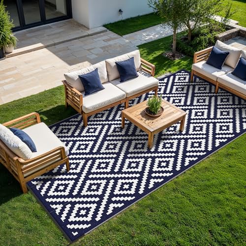 Image of GENIMO Outdoor Rug, Waterproof Plastic Rugs 9'x18' for Camping Blue White