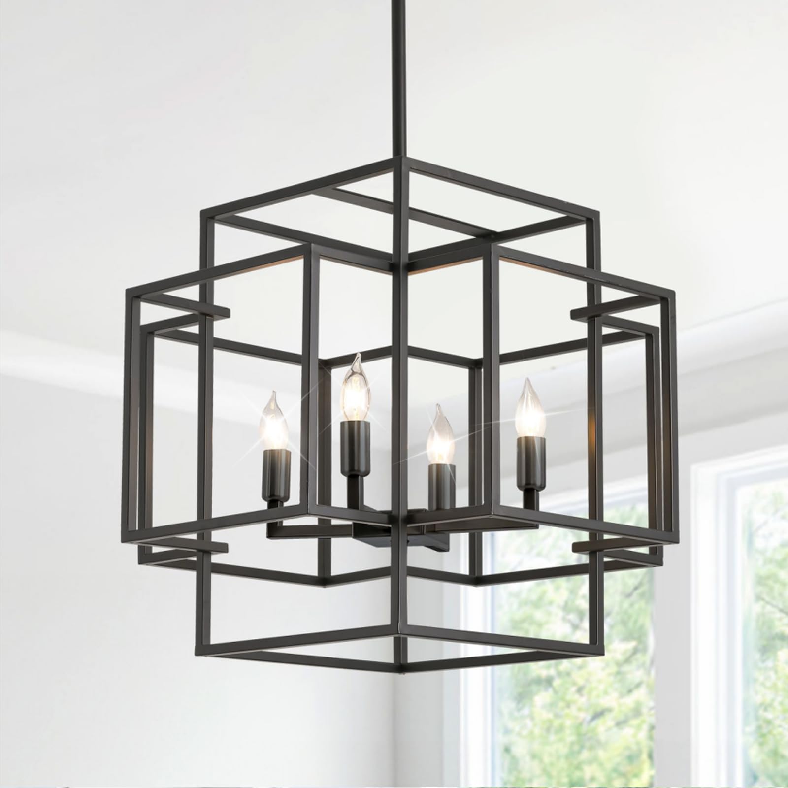 Black Farmhouse Chandelier Light Fixture: 4-Light Rustic Industrial Lantern Pendant Lighting Large Metal Cage Hanging Lights for Dining Room, Kitchen Island, Foyer, Entryway, Bedroom, Staircase