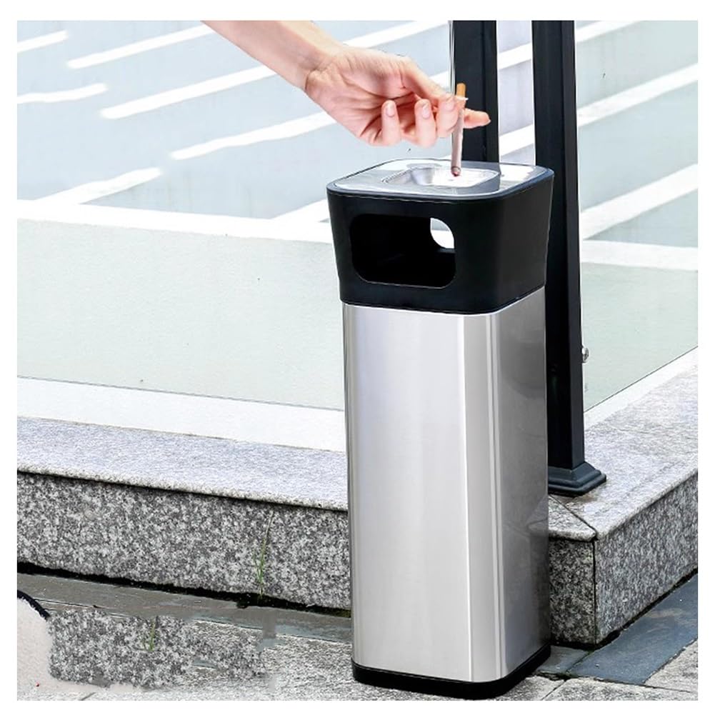 IUokLU Commercial Trash Can with Ashtray,Stainless Steel Cigarette Butt Disposal Bin for Outdoor Smoking Areas（Silver-28x28x73.5cm）