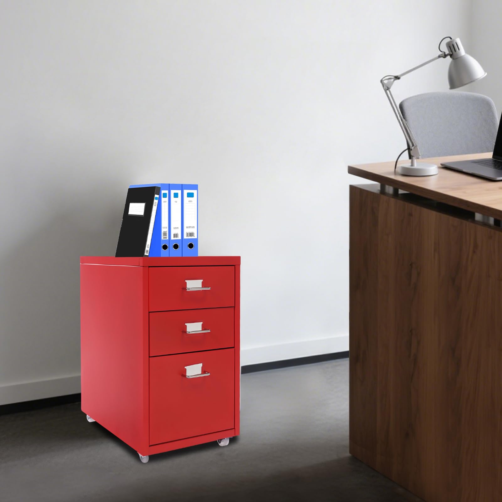 Armadietto mobile con 3 cassetti, in metallo, con ruote, per casa, ufficio, camera da letto (rosso)