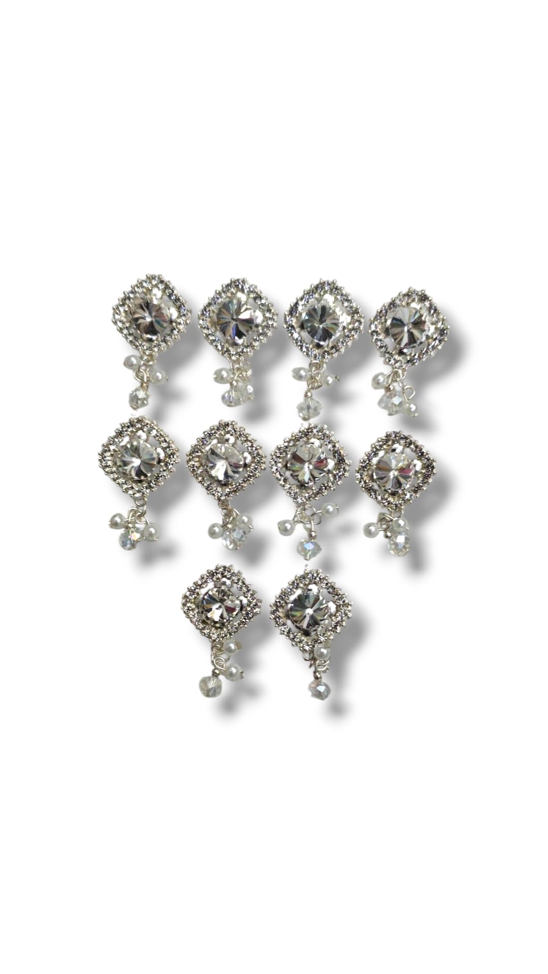 Decorative Crystal Rhinestone Buttons with Dangling Beads, Silver Tone, 10 Pieces