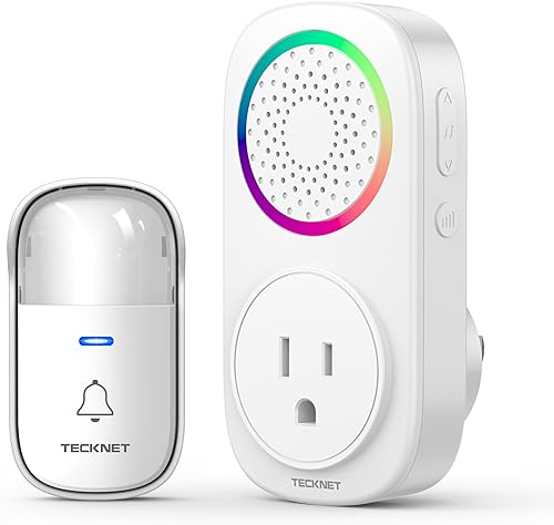 TECKNET Kit de timbre inalámbrico autoalimentado, timbre de puerta enchufable con luz RGB, 60 campanillas y 5 niveles de volumen, timbre de aula