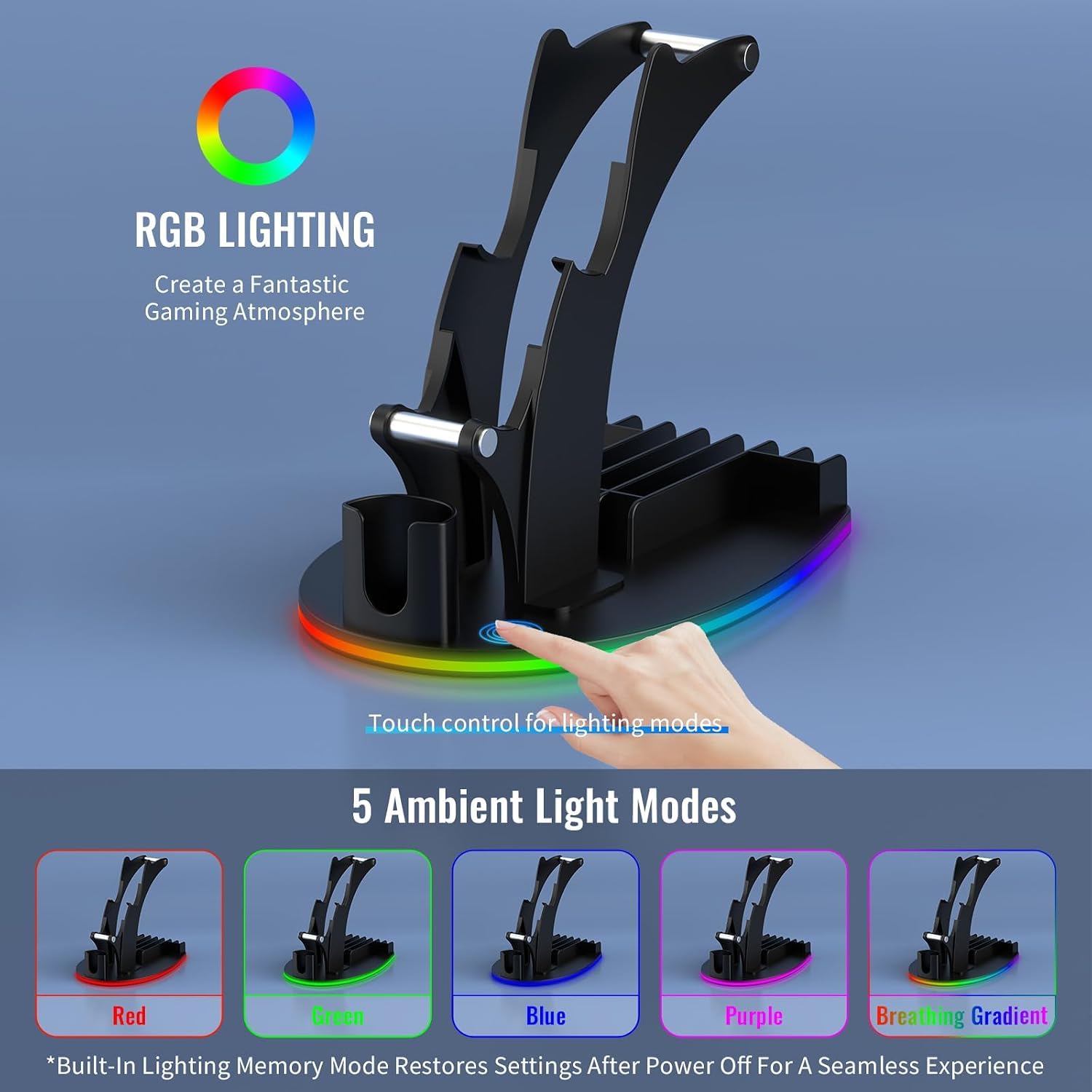 Supporto per controller di gioco RGB per controller Steam 2/PS5/Xbox/Switch, supporto per cuffie con 5 modalità di illuminazione RGB, organizer per giochi e archiviazione con ricarica USB e