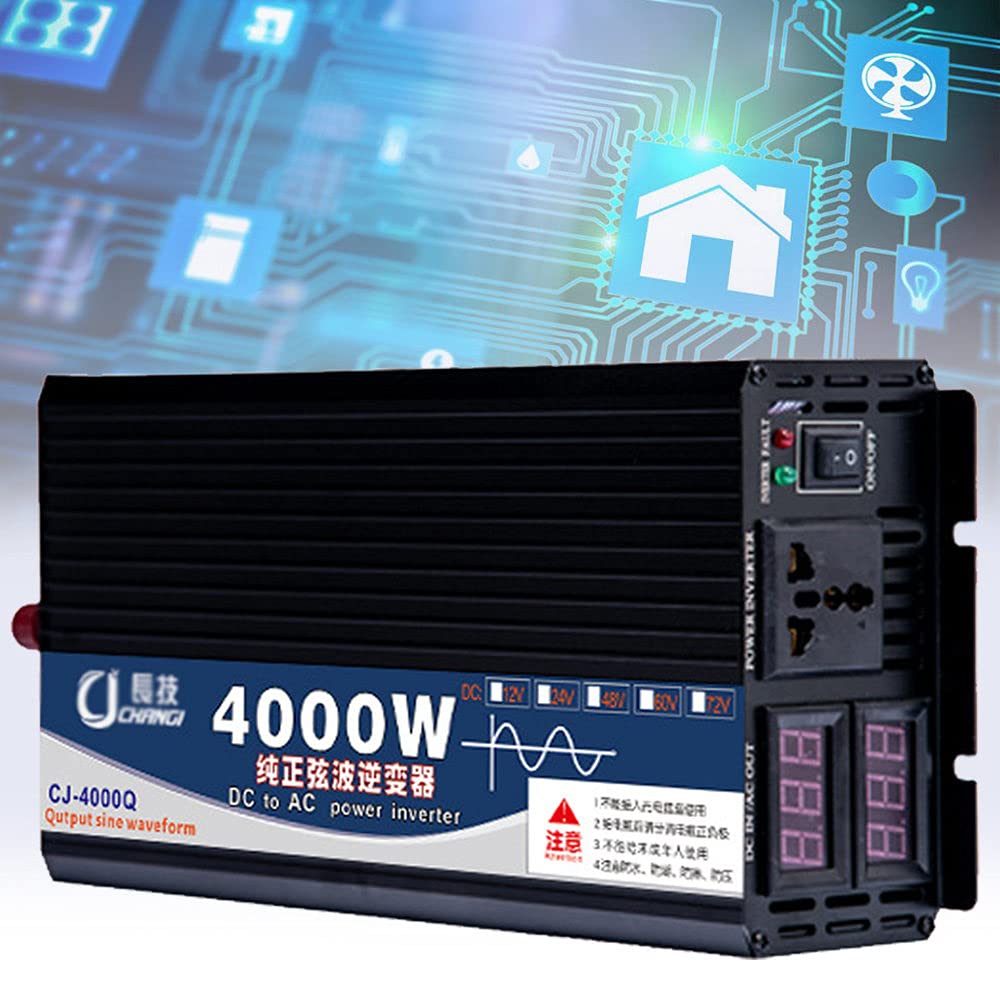 3000W 4000W 5000W Inversor De Corriente,Inversor Onda Pura 12V/24V A 220 con 1 EU Puertos Pantalla LCD Monitor para Viajes/Camping,60Vto220v-4000W