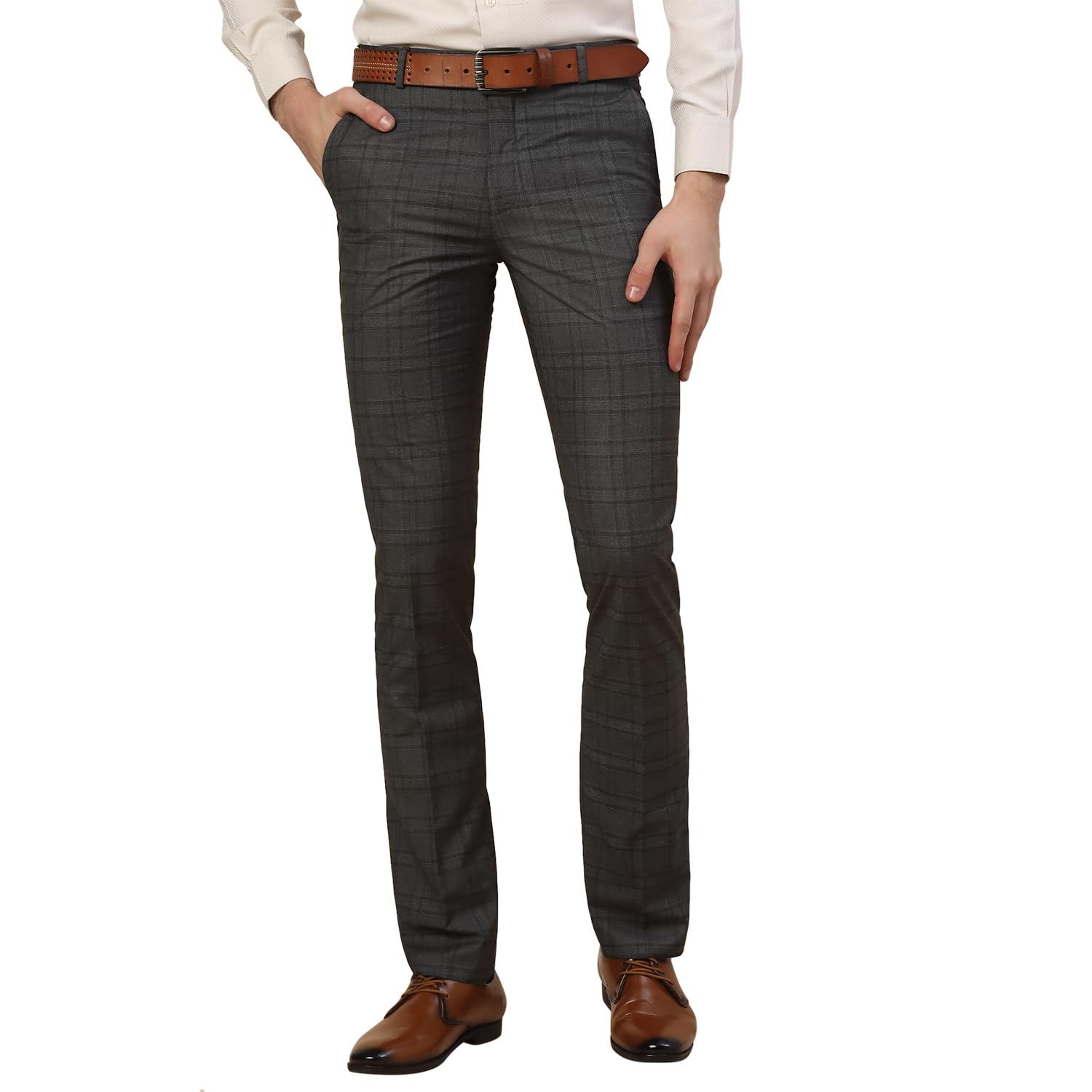 cantabil Formal Trouser for Men | Breathable & Soft with Color Fastness Regular Fit Terry Rayon Fabric Checkered Pattern Hook & Bar Closure-picture-10