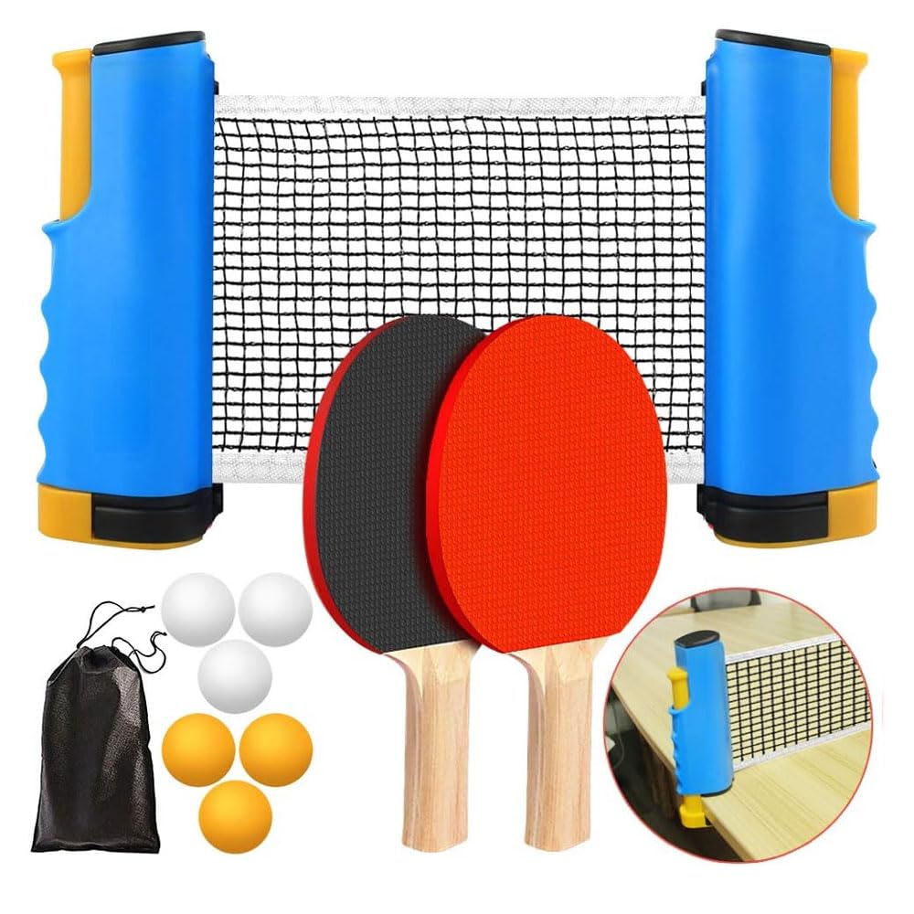 Ping Pong Paddle Set,All-in-One Ping Pong Kit,Portable Table Tennis Set with Retractable Net,Rackets,Balls,Bag,Table Tennis Sports for Indoor/Outdoor Family Games,Gift for Boy & Girl