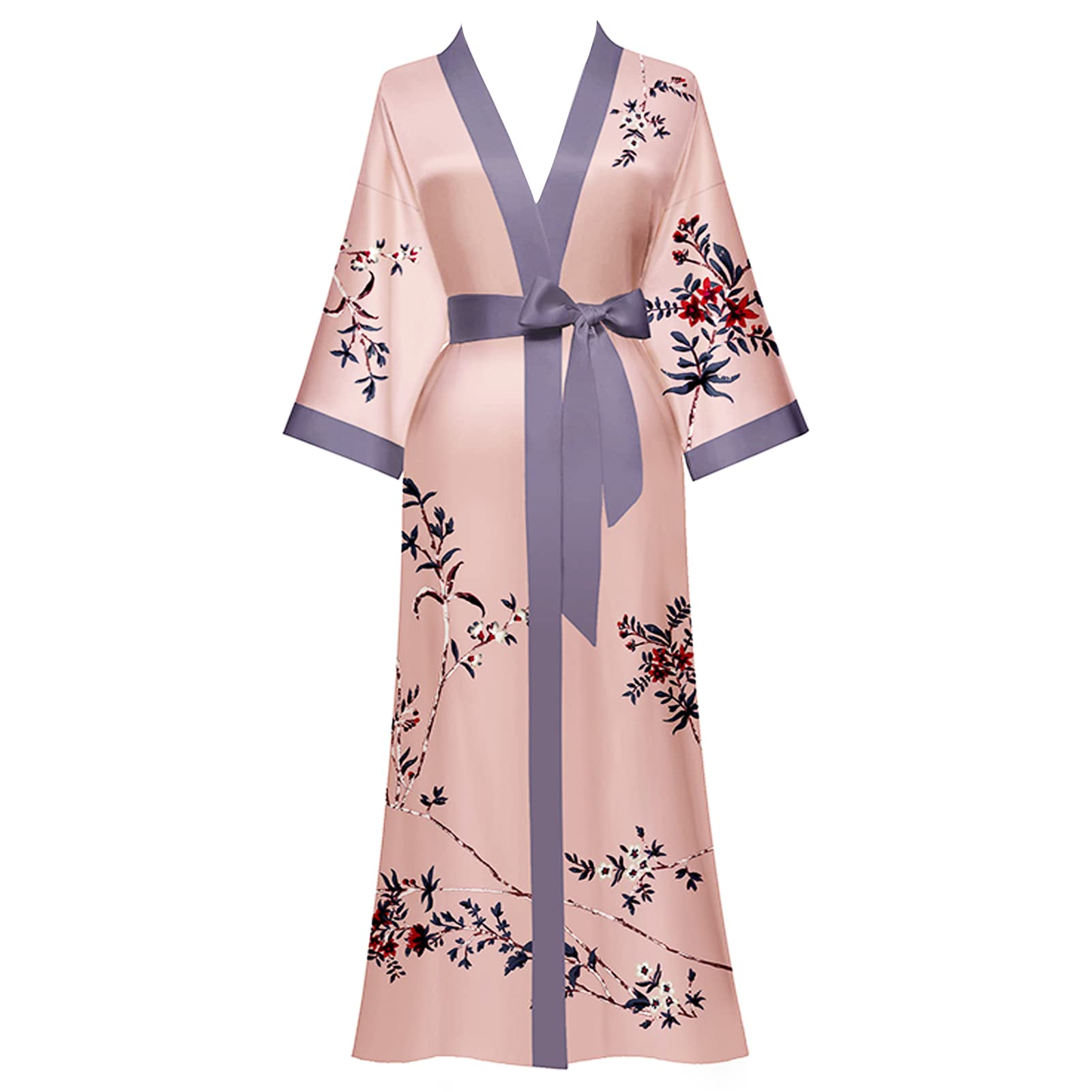 Yemmert Bata de Kimono de Satén para Mujer, Bata de Kimono de Satén con Cuello en V para Mujer, Bata de Kimono Floral de Manga 3/4 con Cinturón