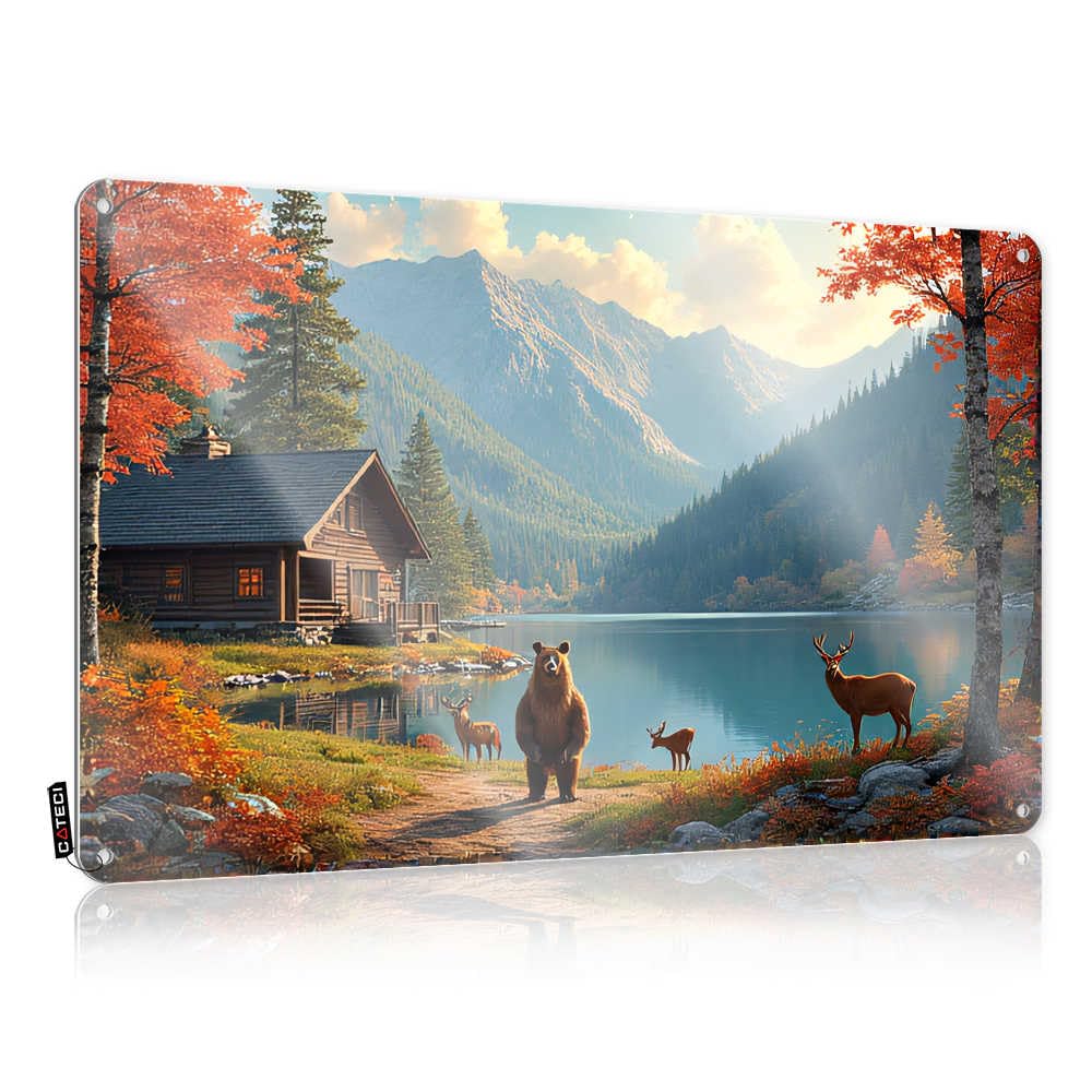 Fzfn Colour Autumn Serenity: Cabin By The Lake With Wildlife Fall Front Porch Decor Decorative - Tin Wall Decor Accessory Vintage Wall Art(30X40cm)